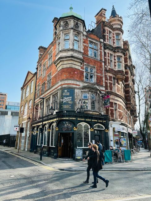 The image shows a historic, multi-story corner building in Bloomsbury with ornate architectural details, red brick and stone facades, and large windows. The ground floor features a traditional pub wit